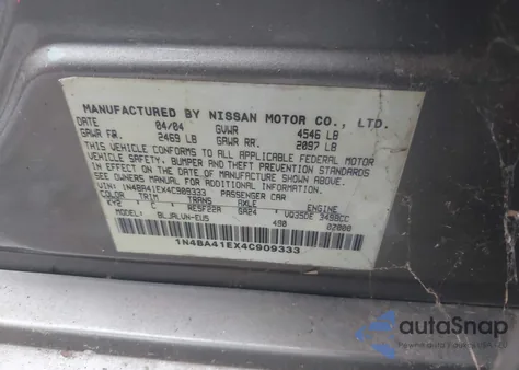 2004 Nissan Maxima 3.5 Sl from USA, damaged, VIN 1N4BA41EX4C909333
